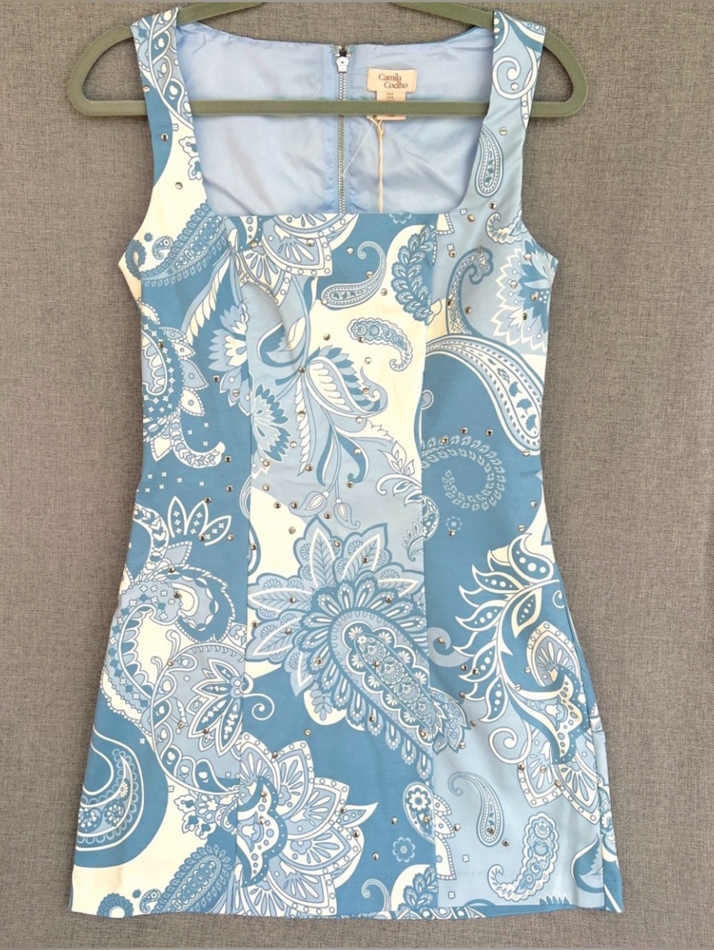 Camila Coelho mini paisley patterned studded dress blue white  cream size 6 NWT